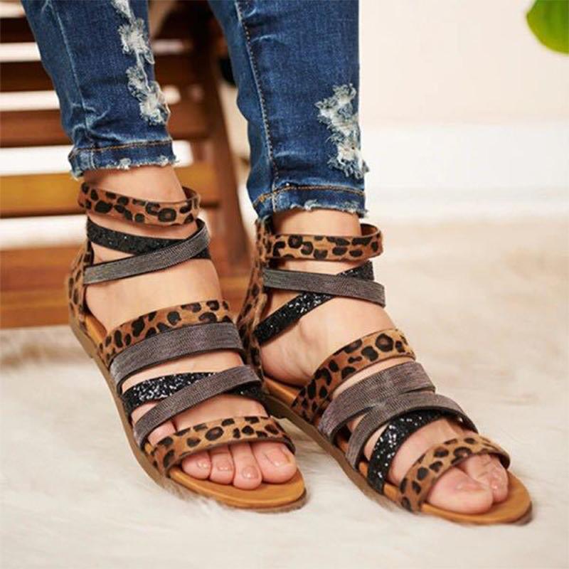 

2021 Women Sandals Roma Leopard Cross Band Snake Pattern Flats Sexy Zip Shoes Ladies Fashion 2021 Summer Footwear Plus Size, Serpentine