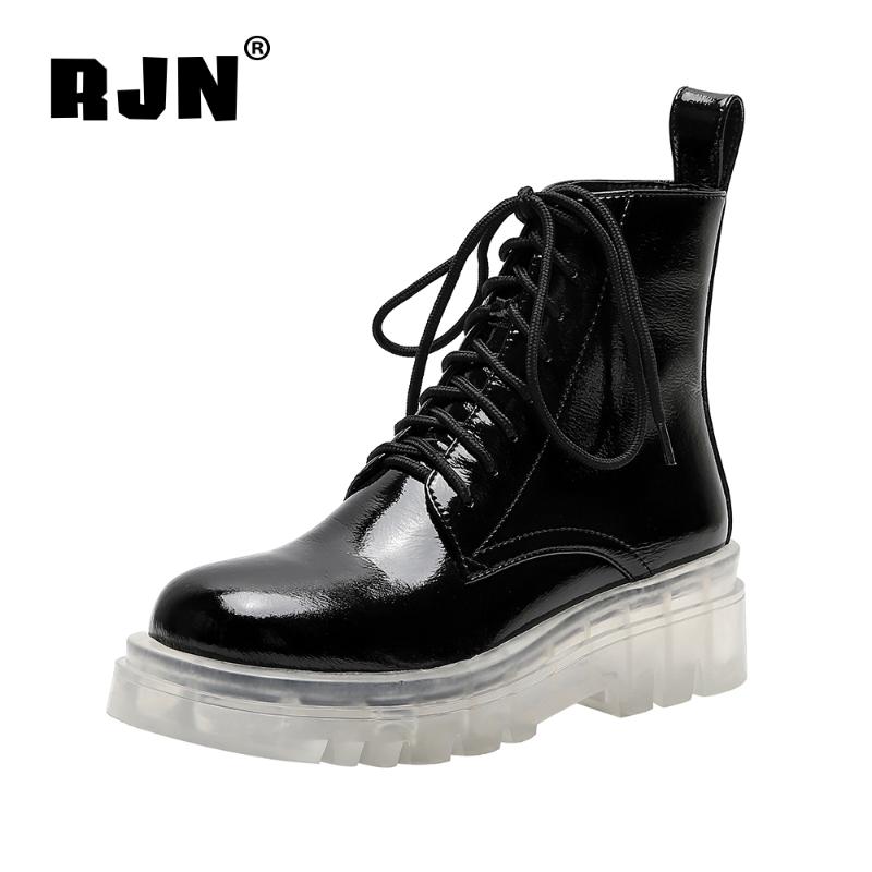 

RJN Brand Design Boots Autumn New Style Round Head Transparent Thick Bottom Cow Leather Lace-up Women's Boots Basic RO159, Black
