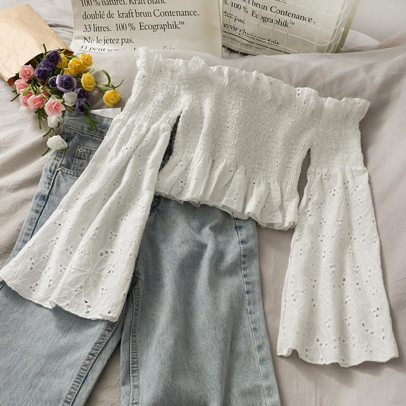 

French wooden ear side-neck off-the-shoulder flared sleeve top women's hollow crochet short pleated shirt, White