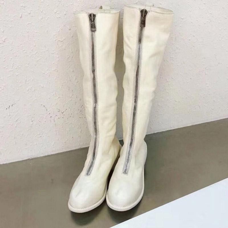 

Handmade Long Boots Women Front Zipper Thick Heel Knight Boots Winter Genuine Leather Ladies Shoes Casual Knee High White1, Black