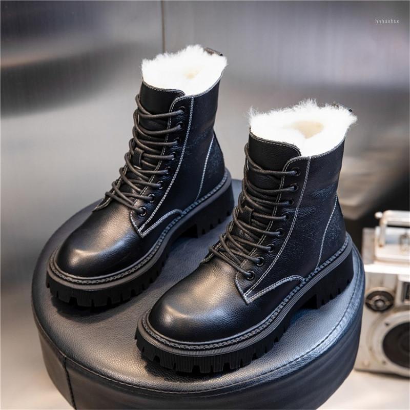

Winter Women Boots with Round Toe Lace Up Chunky Heel Genuine Leather Boots Simple Keep Warm Platform Shoes Item No.M88601, Black