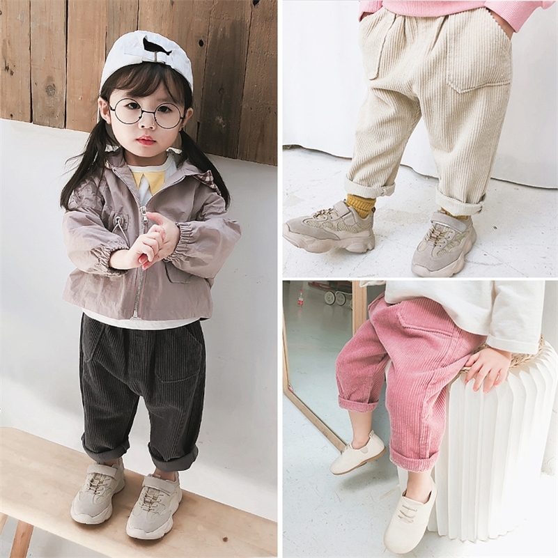 

Autumn New Arrival Korean Version cotton Solid Color fashion all-match casual corduroy long pants for cute sweet baby girls LJ201019, Pink