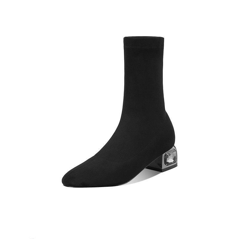 

Elegant Women Mid-calf Boots Autumn Winter Round Toe Thick Heels Kid Suede Leather Newest Wedding Party Shoes Woman, Black