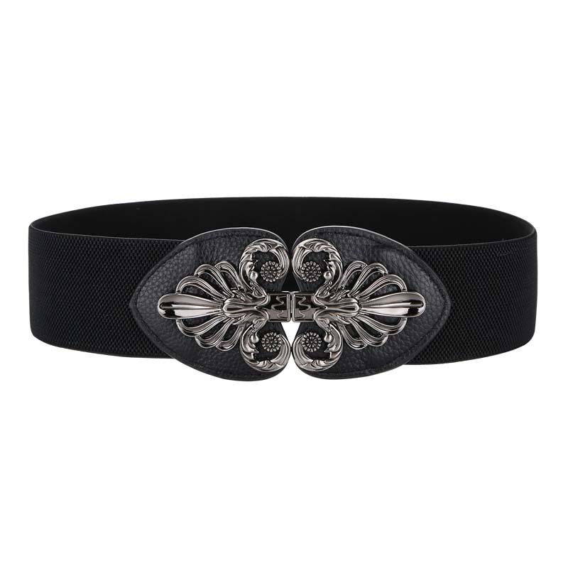 

Belts Wide Hasp Waist Belt Elastic Genuine Leather Waistbands For Women Cowhide Cummerbunds Vintage Female Dress Metal Alloy, Black