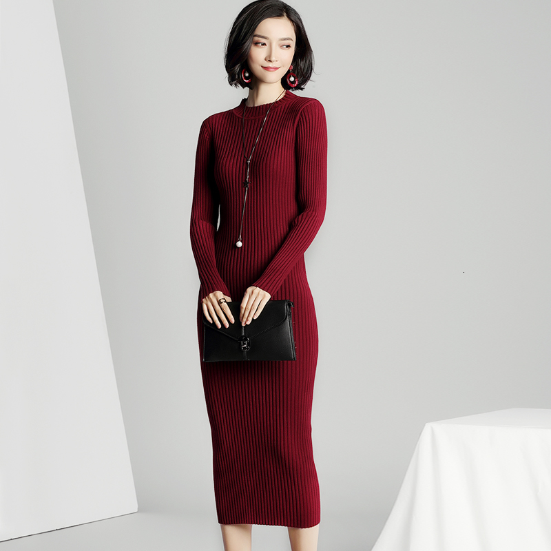 

2021 New Knitted Sweater Autumn Winter Women Office Lady Work Casual Streetwear Elastic Sheath Midi Bodycon Fwk1, Fuchsia