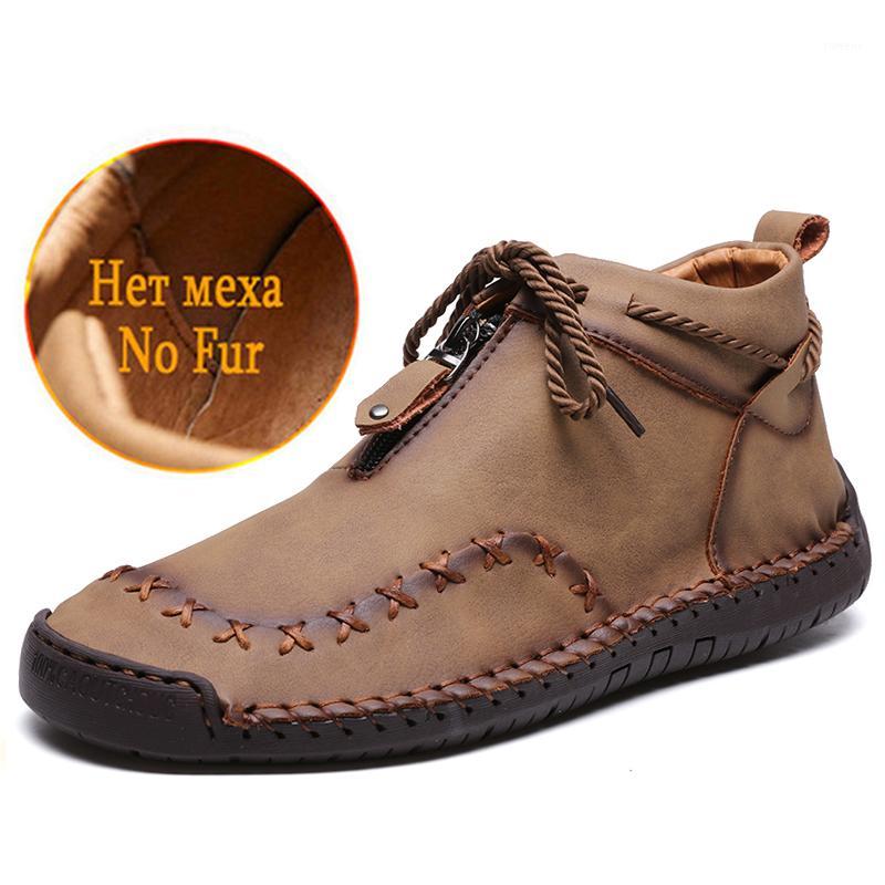 

Outdoor 2020 Winter Men Boots Men Leather Waterproof Ankle Boots Retro Lace-Up Man Motorcycle Footwear Plus Size 39-481, Yellow brown no fur