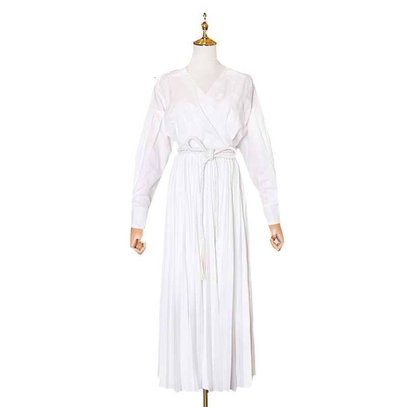 

Solid White V-cleavage Pocket Woman with Belt 2021 New Spring Long Runway Luxury Dress Women's Clothes Mcrm