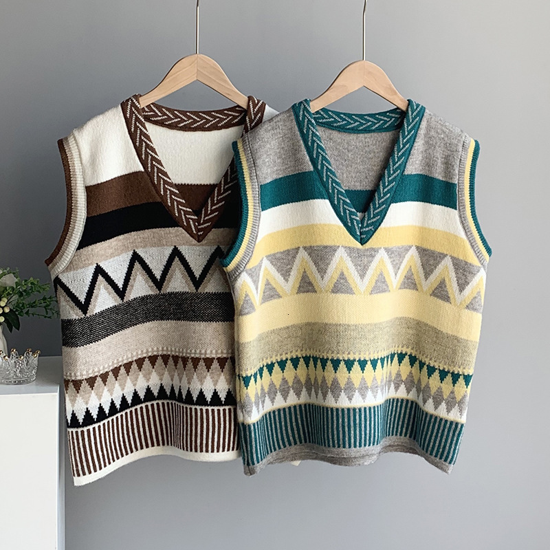 

New 2021 V-neck Vest Sleeveless Knitted Vintage Argyle Print All Match Loose Style Cute Sweater Casual Women Pullovers 7hzw, Green