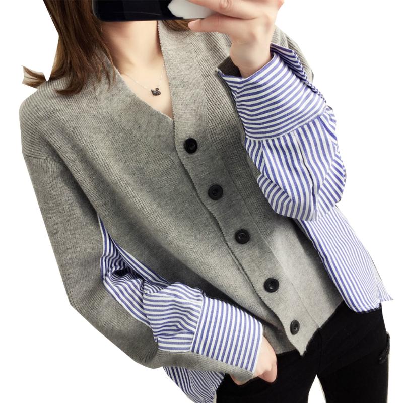 

Women Long Sleeve Knitted Cardigan Coat Single-breasted Striped Stitching Blouse, 11ag300058-gy