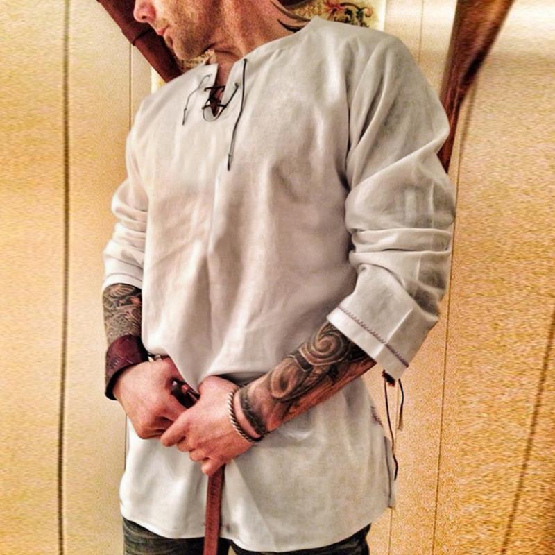 

Medieval Viking Pirate Linen Top Shirt Retro Pure Cotton And Long Sleeve Bandage Personality Tops Blouse Mens Shirt Costume, Khaki