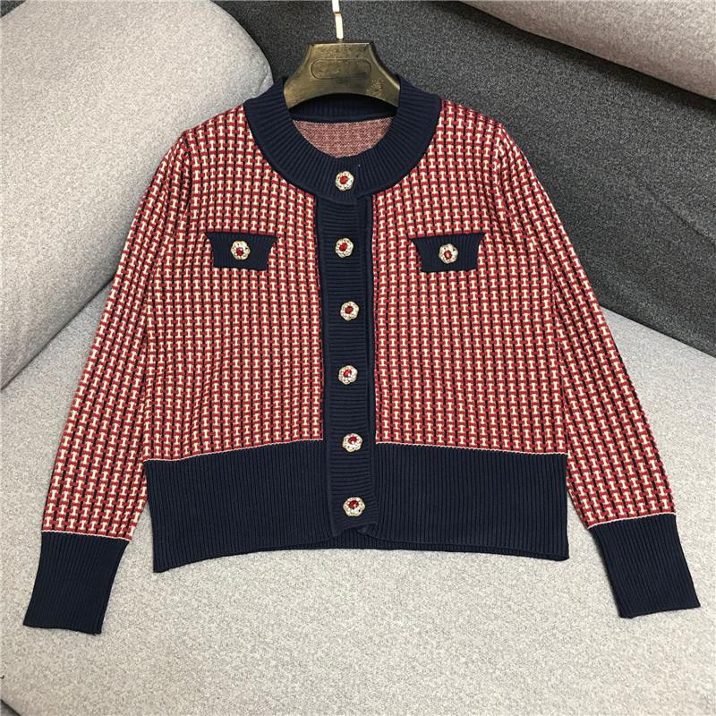 

2020 new product temperament check color contrast sparkling diamond button knitted cardigan women' jacket 0919, Red