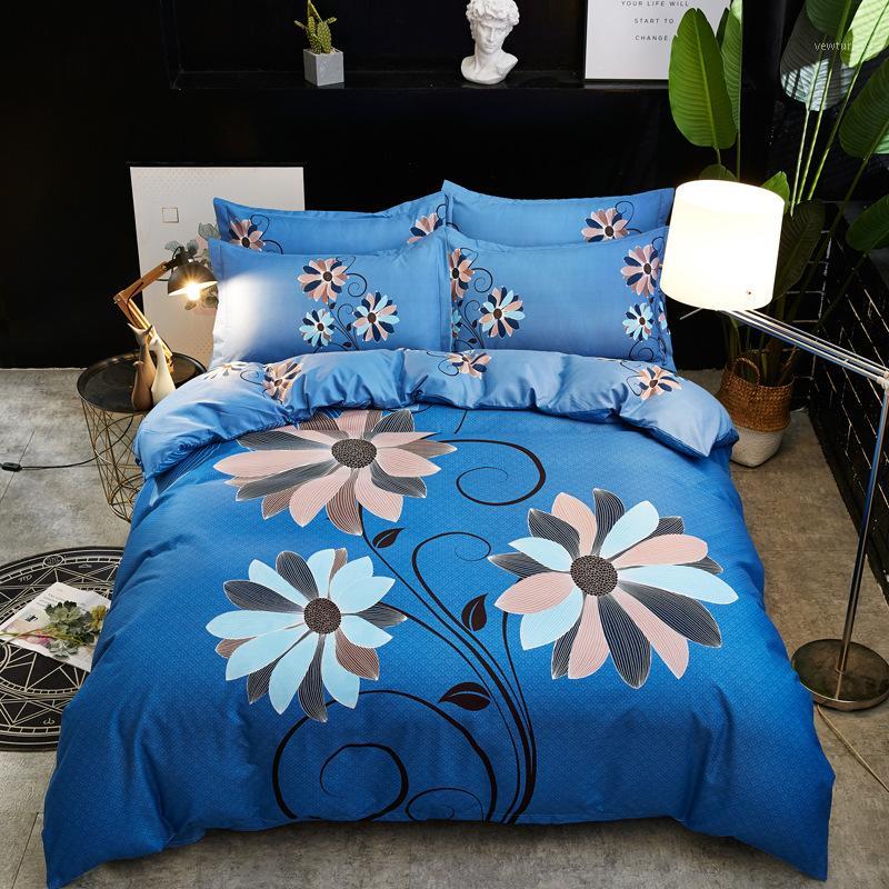 

Floral bedding set Blue Flower bed linens leafs duvet cover set flat sheet +duvet cover+ pillowcase plant bed sets home bedding1