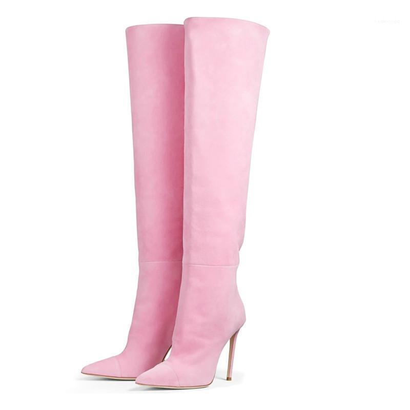 

Slip On Thin High-Heeled Boots Women Flock Pink Knee High Boots Sweet Solid Color Winter Shoes For Women Sewing Warm Fur1