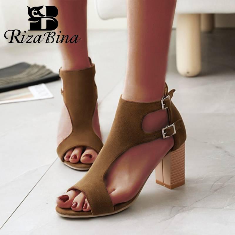 

RIZABINA Size 31-45 Fashion Women Sandals Shoes Square High Heels Peep Toe Shoes Women Stylish Metal Buckles Solid Footwear, Black