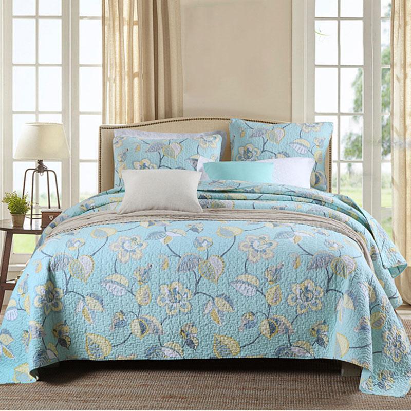 

Quality Printed Quilt Sets 3pcs Quilted Cotton Quilts Bed Covers Including Bedspread Pillow Case  Queen Size Coverlet Set, Blue
