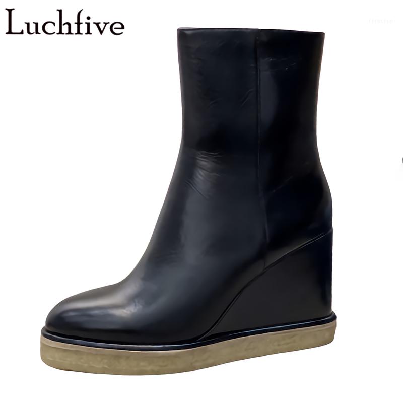 

High Wedges Leather Boots For Women Pointy Toe Ankle Boots Fashion Platform Shoes Runway Black Women's1