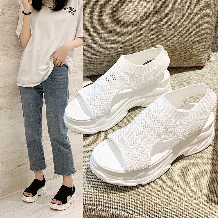 

Sport sandals female breathable 2020 summer fairy new fish mouth net surface wind ins wet large base sponge torre shoes1, See chart