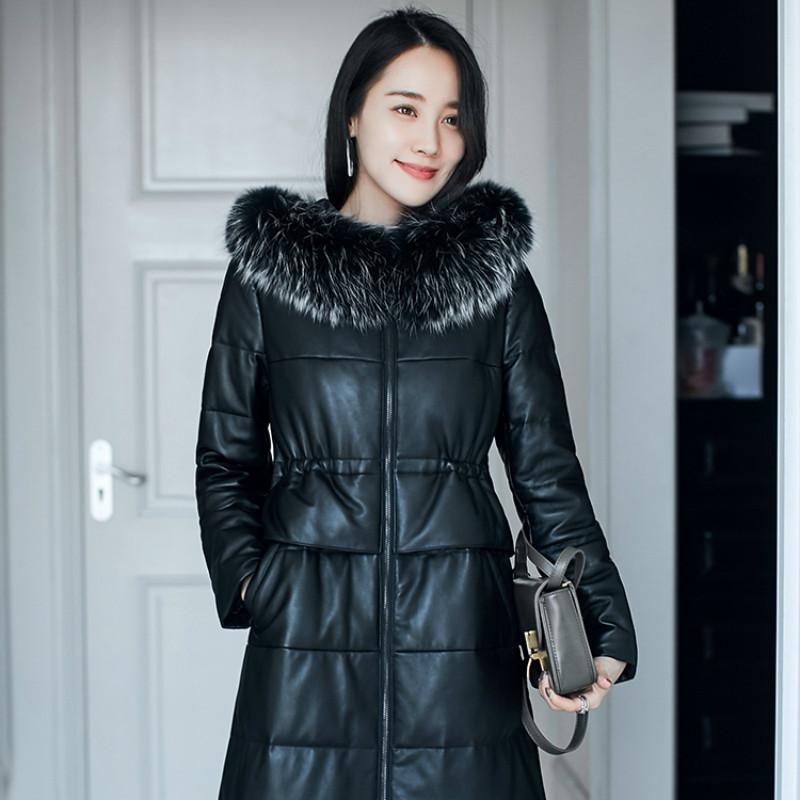 

Jacket Women Winter Sheepskin Genuine Leather Raccoon Fur Collar Hooded Jackets Duck Down Coat Chaqueta Muje 7020 YY545, Black