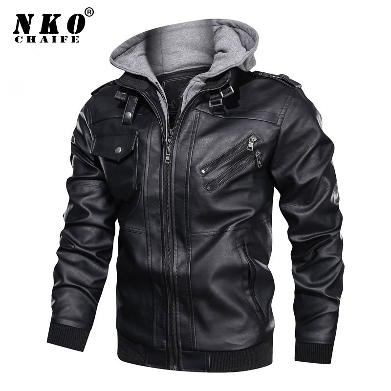 

CHAIFENKO Brand Winter Coat Fashion Hooded Motorcycle PU Jacket Casual Biker Faux Leather Jackets Men 201119, Red