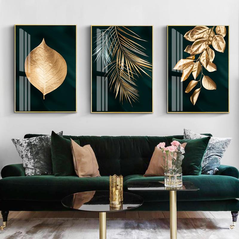 

Modern Dark Green Background Golden Leaves Canvas Painting Wall Art Prints Poster Pictures for Living Room House Interior Decor