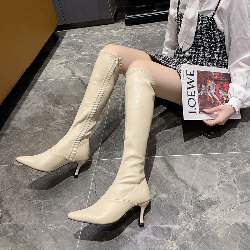 

sexy black knee high heel boots Pu Leather Pointed Toe Long Boots women High Heels Brand Design 2020 Thin Heel