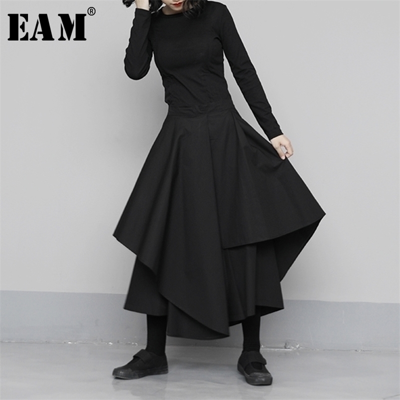 

[EAM] High Elastic Waist Black Asymmetrical Wide Leg Trousers New Loose Fit Pants Women Fashion Tide Spring Autumn 1N683 201228