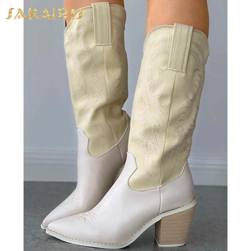 

Sarairis 2020 Fashion Trendy Fashion Western Boots Woman Shoes Chunky High Heels Concise Pointed Toe British Style Shoes Ladies, Beige