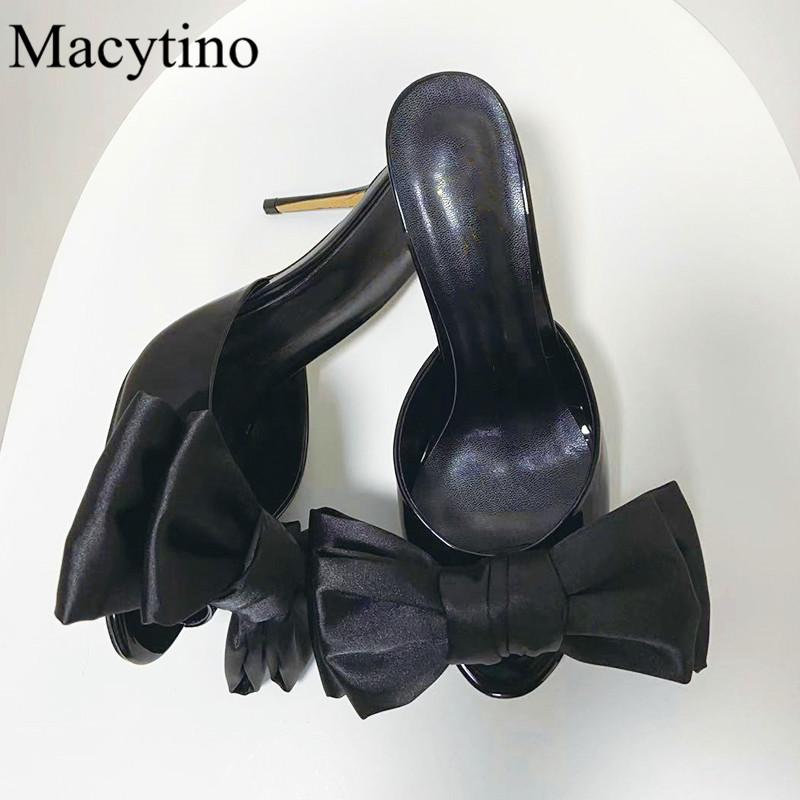 

Summer ladies slippers black bow decoration stiletto high heel slippers round head ladies party, As pic