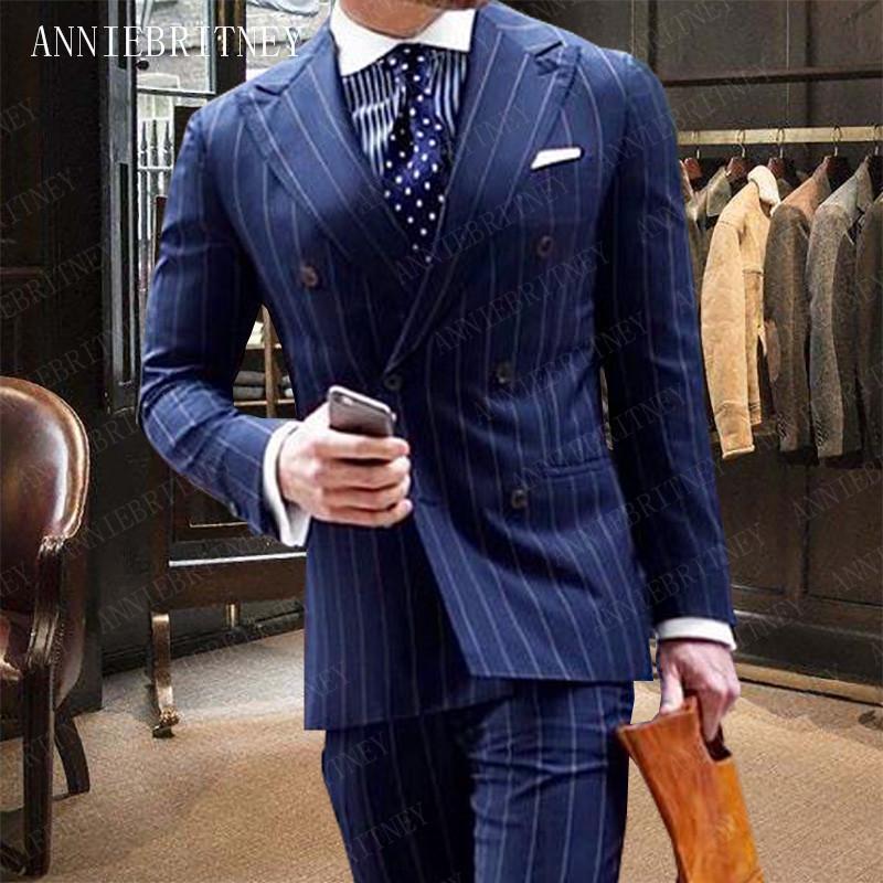 

ANNIEBRITNEY Men Wedding Suits 2020 Formal Grey Stripes Printed Tuxedo Slim Fit Men Suit Set Groom Suits Custom Made Blazer, Coat pant