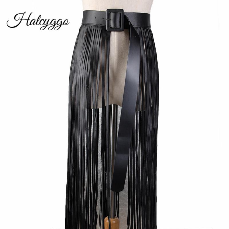 

Belts HATCYGGO Boho Fringe Wide Belt Style Women Leather Black Waist Ladies Personality Slim Long Tassel Strap High Waistband