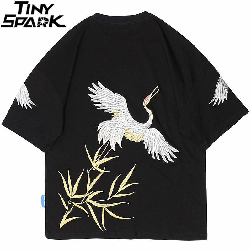 

Hip Hop T Shirt Men 2020 Streetwear Embroidery Crane T-Shirt Japanese Tshirt Cotton Tops Tees Japan Style Black Pink, A448111 black