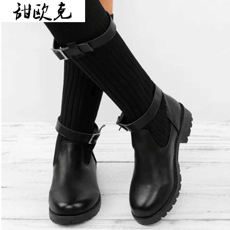 

2020 Winter Women's Boots Fashion Buckle Low Heel Mid Calf Women's Boots Square Set Foot Sock Zapatos De Mujer, Khaki