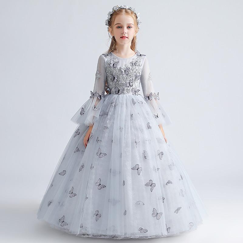 

Autumn Winter Luxury Exquisite Butterfly Design Birthday Wedding Party Princess Dress Girls Children Model Catwalk Costumes Wear, Gray long dress