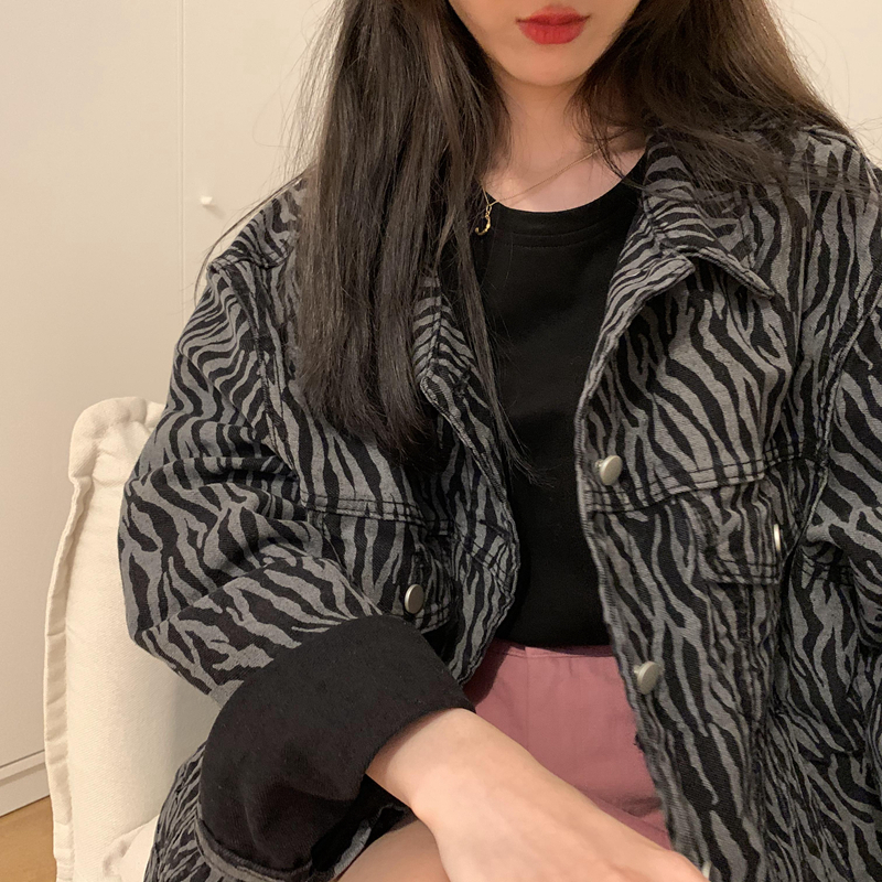 

Zebra Gray Denim Jacket for 2021 Autumn Luxury Designer Woman Clothes Kpop Style 5fms, Dark gray.