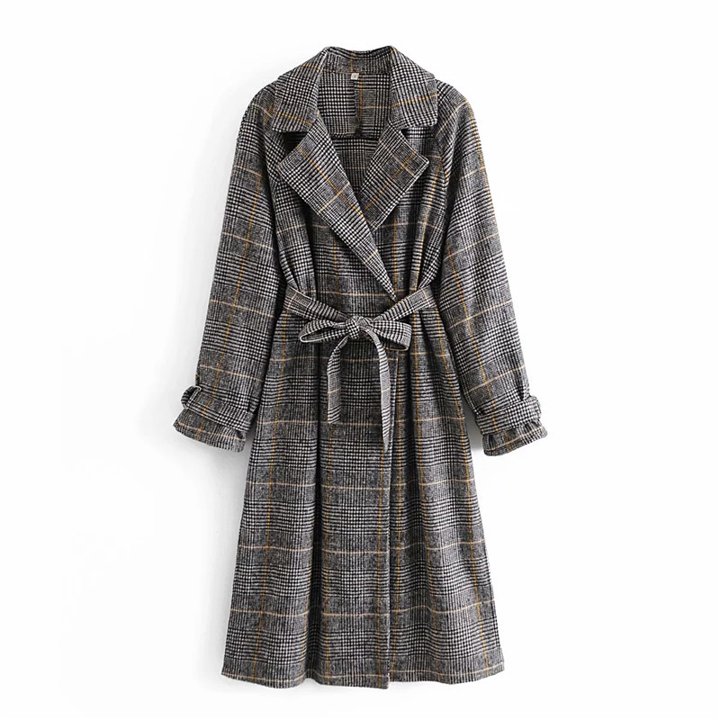 

2021 New Grey Plaid Winter Coat Women Belt Double Breasted Long Sleeve Vintage Ladies Coats Elegant Overcoat Woman M4cg, Gray