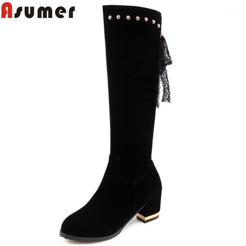 

ASUMER black 2020 autumn winter new shoes woman round toe women boots flock thick high heels boots zip rivet knee high1