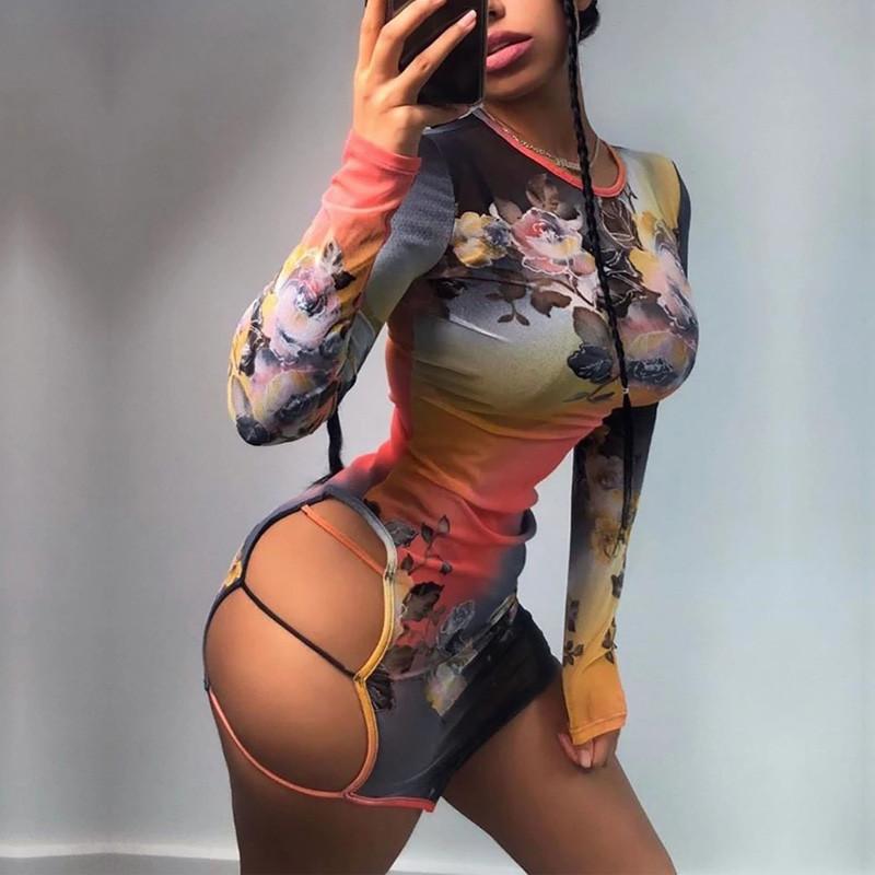 

Women Dress Fall Autumn Floral Print Long Sleeve O-neck Hollow Out O-neck Pencil Dress Bodycon Slim Party Clubwear, Graph color