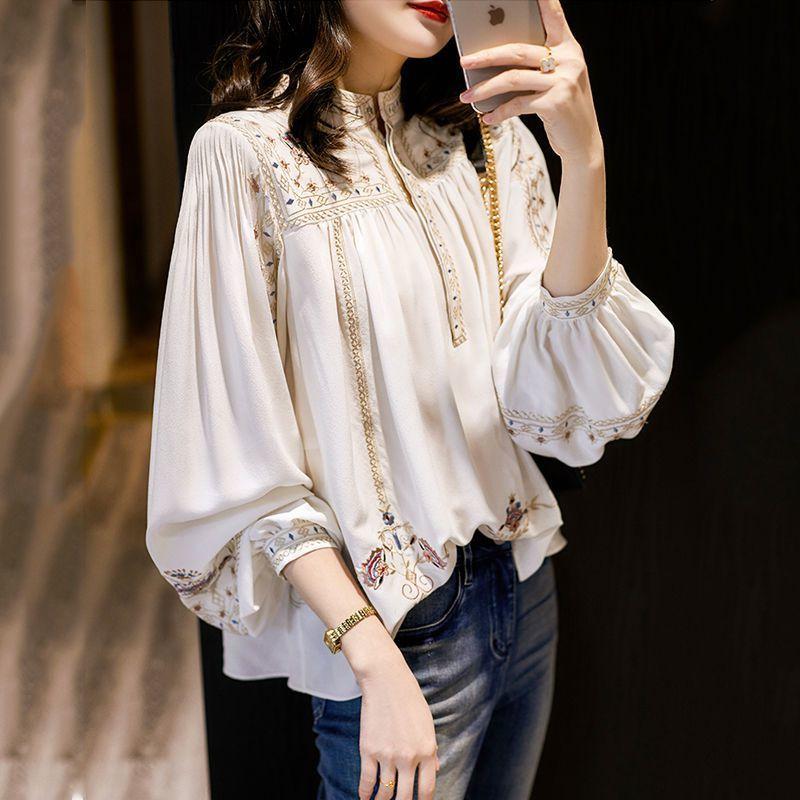

Lady Large Size Fashion Printed Shirt Women's Spring Summer 2021 New Retro Bohemian Long Lantern Sleeve Elegant Blouse Tops P191, As pic