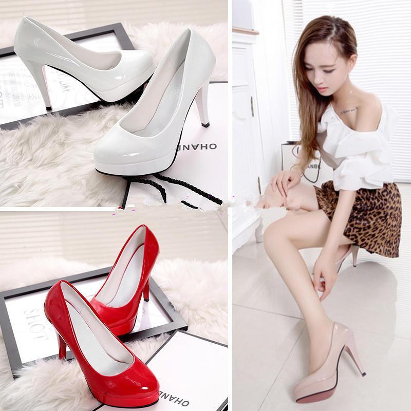 

10 Cm High Heels Sexy Waterproof Platform Stiletto Shallow Mouth Single Shoes Round Head Women's Shoes Patent Leather Work1, Beige flip flops
