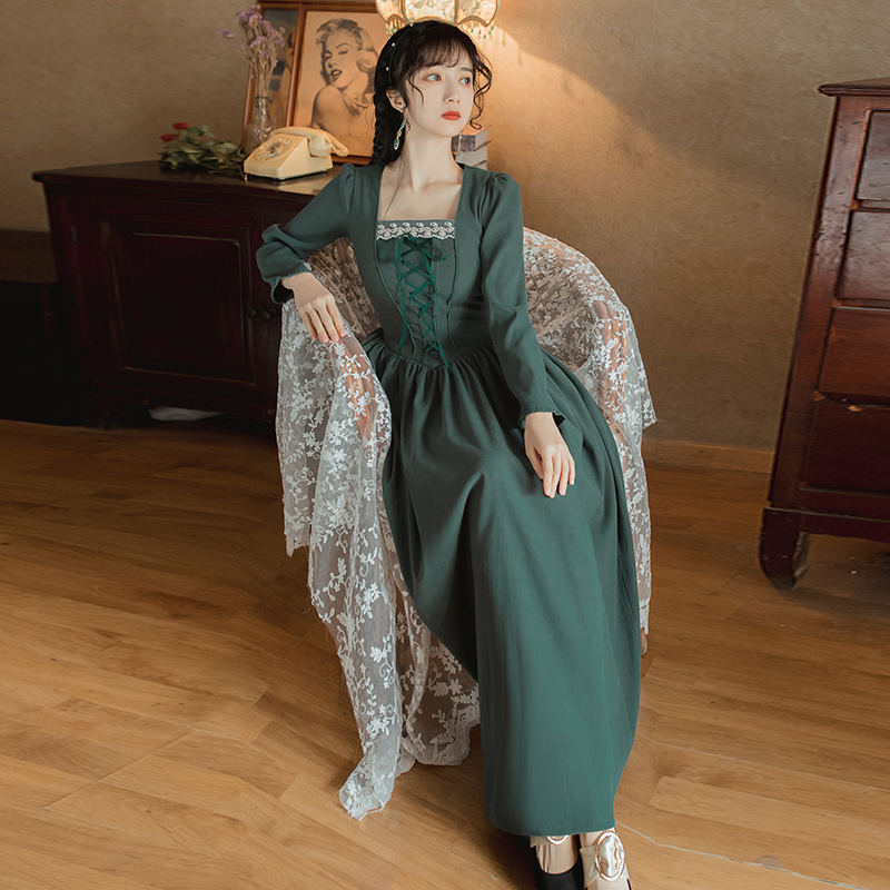 

2021 Spring Long Female Sleeve Full Vintage Adjustment and Ankle-length Enlargement Bandage Summer Dress Green 1qaz, Blue