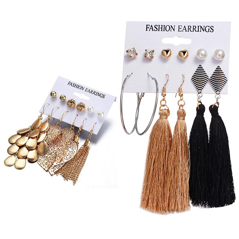 

Elegant 6 Pairs/Lot Imitation Pearl Heart Big Circle Tassel Leaf Stud Earring Set Charm For Women Wholesale