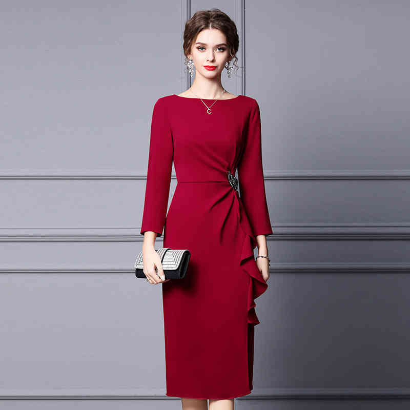 

Casual Dresses Zhili middle-aged elegant dress autumn Ruffle bow waist closing medium length skirt T9I6, Wine