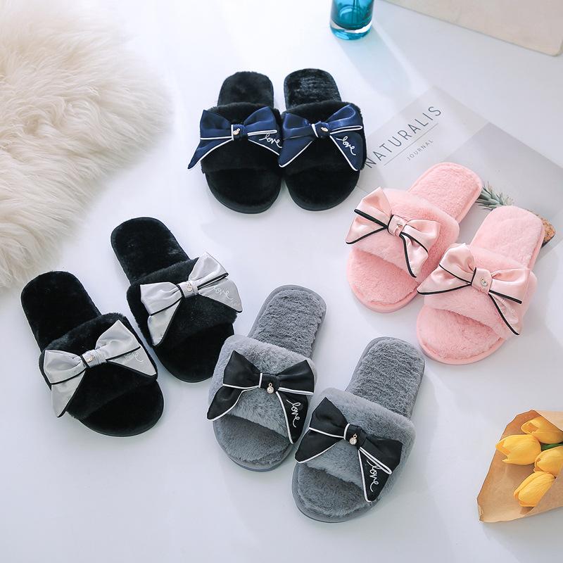 

Women Plush House Slippers Faux Fur Winter 2021 Warm Women's Shoes Indoor Slipers Home Slip on Flats Cute Bowtie Female Slides, Pink
