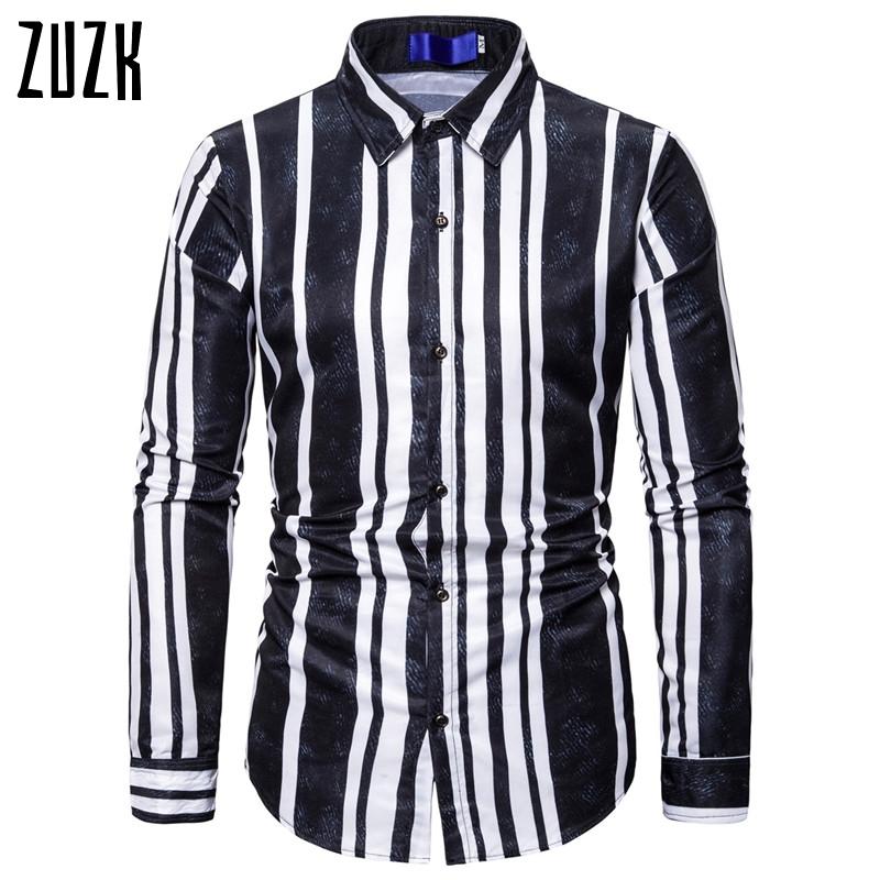 

Mens Dress Shirts 2020 New European Men's Gradient Stripe Print Loose Men's Long-sleeved Shirt, Black