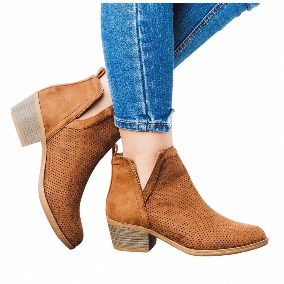 

Women's Retro Ankle Boots Suede Solid Color Large Size Slip-On Hollow Out Med Square root Heels Short Boots Shoes botas mujer #cE1y, Black