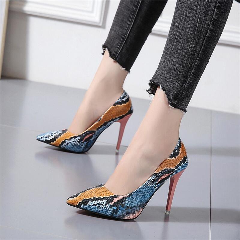 

10CM PUMPS 2021 spring color snakeskin pattern super high heels stiletto shallow mouth pointed sexy women's shoes, Blue