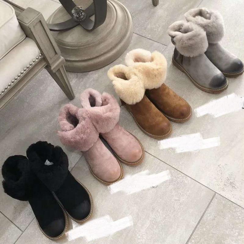 

Women's snow boots classic leather, fashion retro wool snow boots, all-match chain boots, leather simple boots, Gray