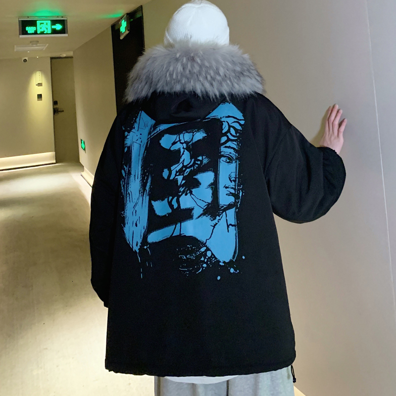 

Men's Parka Winter Coat 2021 New Fur Collar with Hood Cotton Jacket Warm Pair Open Air Pbcf, Black.