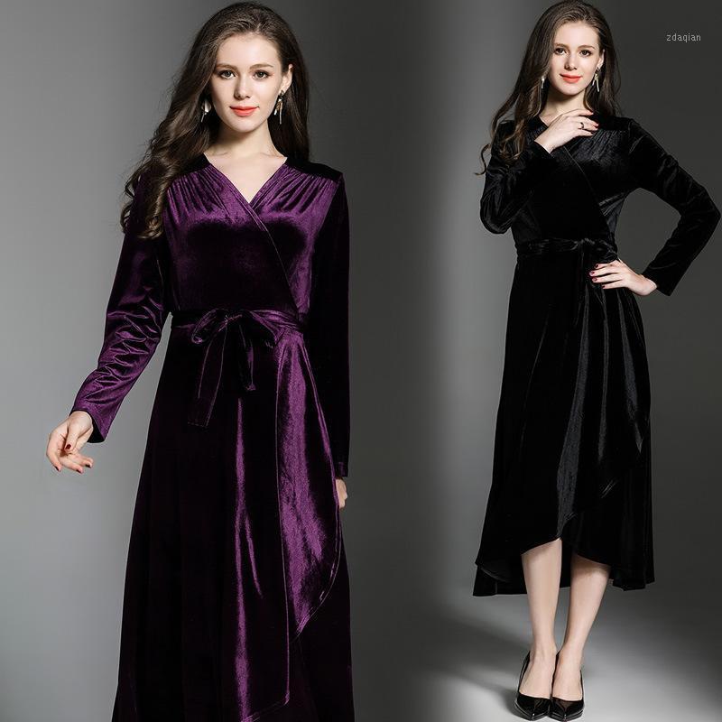 

Velvet Fashion Color Purple Black Ruffle Draped V Neck Loose Waist Sashes Mid-Calf Winter Dresses for Women with Long Sleeves1