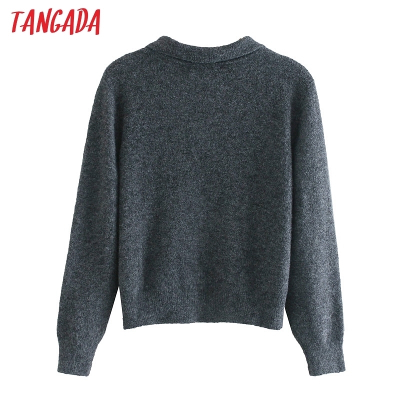 

Tangada Women Fashion Elegant Solid Knitted Sweater jumper Turn Down Collar Female Pullovers Chic Tops 3H112 201204, Dark grey